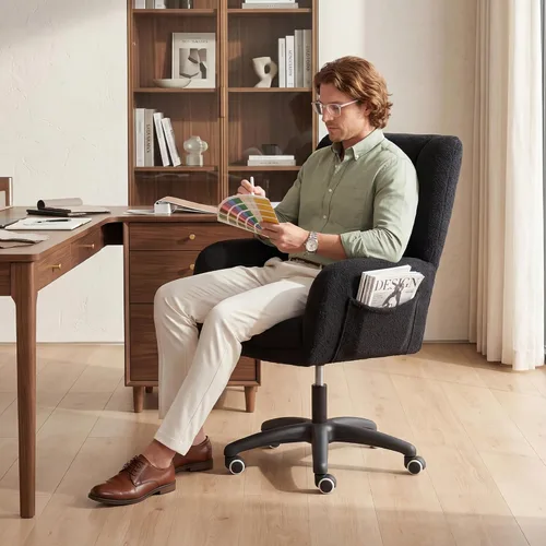 Vista 9 de FOXHUNTER Silla de tocador con respaldo ergonómico y ruedas, silla giratoria de 360°, silla de oficina en casa de altura ajustable para sala de Negro