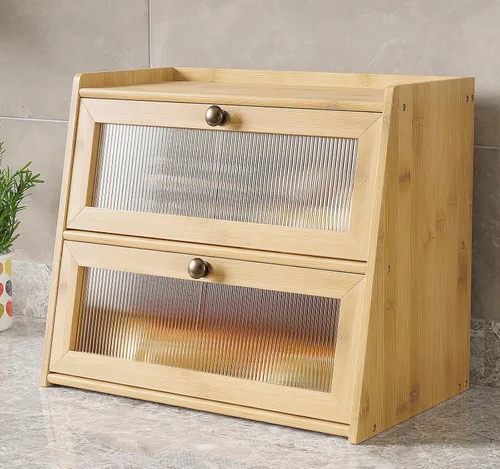 Vista 6 de Panera de bambú grande de doble capa para encimera de cocina, contenedor de almacenamiento de pan de gran capacidad de madera con soporte para pan