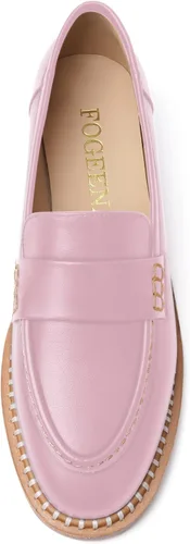Vista 3 de FOGEENA Mocasines de cuero mate para mujer, estilo casual, sin cordones, punta redonda, tacón bajo grueso, zapatos de vestir de 1 pulgada