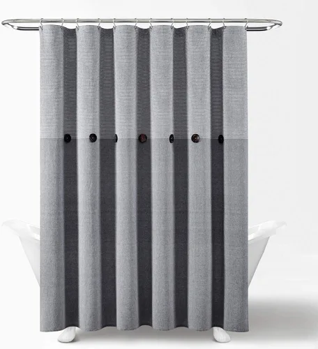 Vista 9 de Lush Decor Par de paneles de cortina para ventana de mezcla de algodón teñido de hilo de rayas con botones, 40 pulgadas de ancho x 84 pulgadas