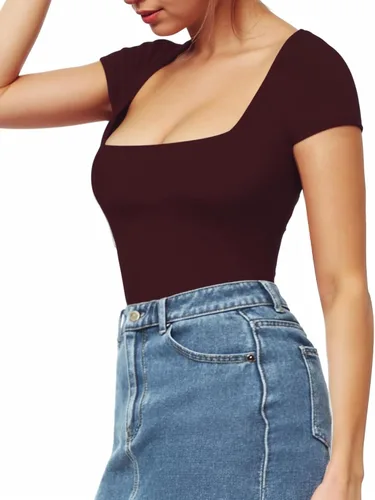 Vista 2 de MANGOPOP - Enterizo ajustado con cuello cuadrado y manga corta o larga para mujer