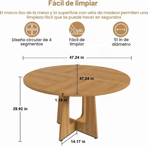 Vista 9 de Mesa de comedor redonda estilo granja para 6, mesa de cocina circular de 47" MDF con acabado de grano de madera, mesa de cocina y comedor de madera