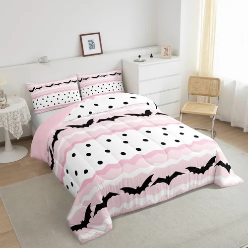 Vista 3 de Lindo juego de edredón de murciélago tamaño Queen con diseño de animales de Feliz Halloween, 3 piezas para decoración de habitación de niños