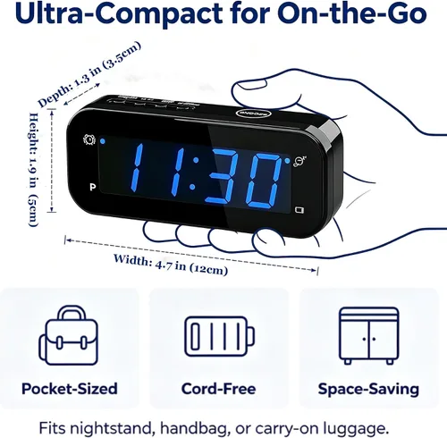 Vista 2 de Small Digital Alarm Clock with Temperature Display - Battery Operated,Adjustable Brightness,Snooze,12/24Hr,Cordless,Night Mode - Ideal Beside Clock