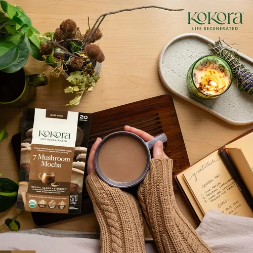 Vista 6 de kokora 7 Mushroom Mocha - Energiza y promueve la claridad mental* - Polvo de hongos adaptogénicos orgánicos con cola de pavo y melena de león