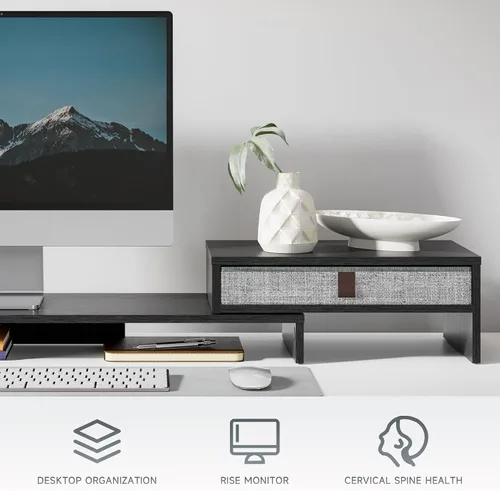 Vista 2 de Fenge - Soporte elevador para monitor de computadora con cajón para 2 o 3 monitores, soporte de escritorio ajustable en longitud y ángulo para Negro