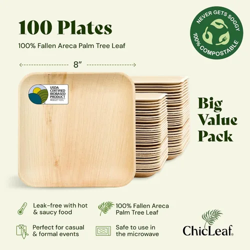 Vista 2 de Chic Leaf Platos desechables cuadrados de hoja de palma de bambú, paquete de 100 unidades de 8 pulgadas, vajilla biodegradable y compostable, platos