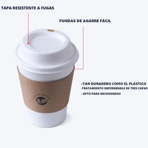 Vista 3 de KTOB [paquete de 50] Tazas de café compostables de 12 onzas con tapas y mangas kraft, combo de tazas de papel blanco desechables ecológicas