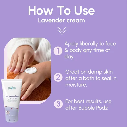 Vista 7 de TruKid Lavender Bubble Podz, juego de crema para bebés y guantes de burbujas, paquete relajante de baño y cuidado de la piel para niños