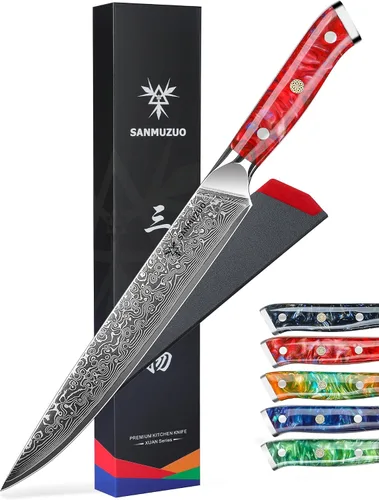 Vista 8 de Cuchillo para cortar carne de acero Damasco VG10 de 9 pulgadas, mango naranja de fantasía de resina