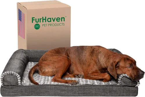 Vista 23 de Furhaven Cama para perro, de espuma viscoelástica, estilo sofá, Sherpa y chenilla, crema, M