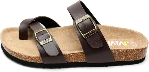 Vista 3 de Women's Cork Footbed Sandals - Cow Suede Slide Sandals for Women Toe Loop with Adjustable Strap Buckle Open Toe Beach Sandals