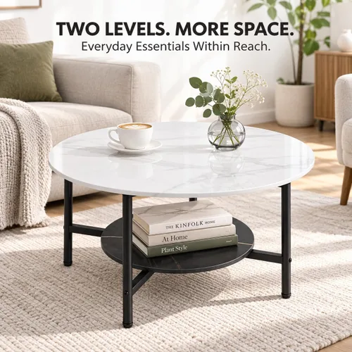 Vista 7 de Wisfor Mesa de centro de mármol para sofá de mesa: mesa central redonda de piedra sinterizada blanca de 2 niveles con Fram negro para sala de estar