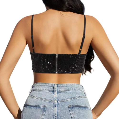 Vista 4 de Erinaco Camiseta corta reflectante metálica para mujer, camiseta sin mangas holográfica, estilo halter, camiseta sin mangas para festivales, rave