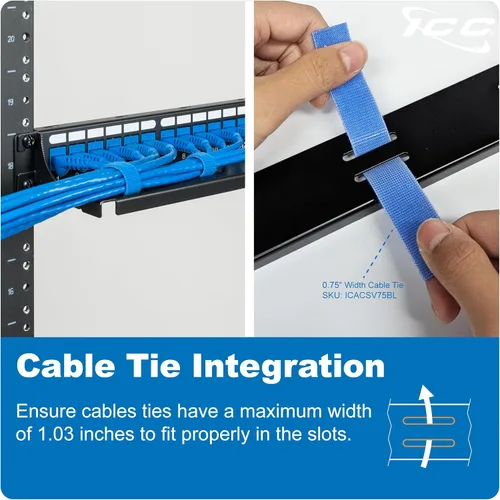 Vista 7 de ICC Panel de soporte para administrador de cables, espacio de montaje en rack de 1U, acabado de recubrimiento en polvo negro, organización de cables