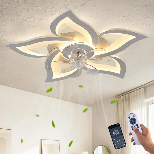 Vista 11 de Ventilador de techo de perfil bajo con control remoto y aplicación, motor silencioso y luz LED regulable, ventilador de techo de montaje empotrado