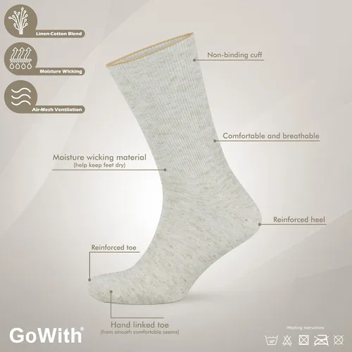 Vista 3 de GoWith Diabetic Socks for Men, Cotton-Linen Blend Comfy Seamless Non-Binding Dress Socks, Neuropathy Crew Socks for Diabetics