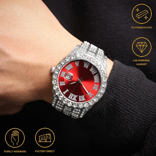 Vista 2 de Halukakah Reloj de diamantes para hombre, Presidente, chapado en oro real de 18 quilates, chapado en oro blanco platino y diamantes helados, 1.654