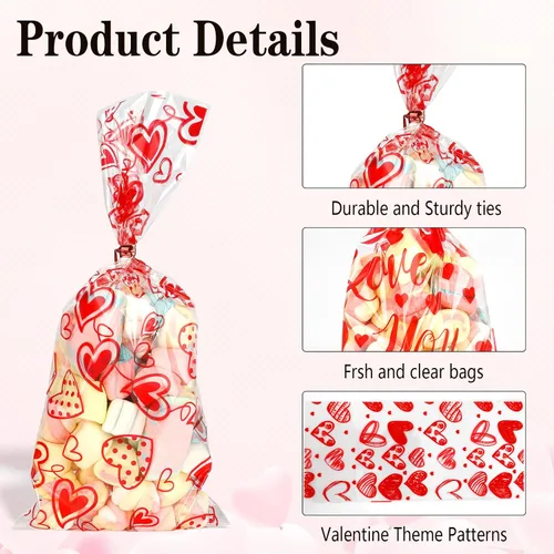Vista 4 de Bolsas de dulces de San Valentín, 200 piezas de bolsas de celofán de San Valentín, bolsas de plástico transparente rojo para dulces, galletas