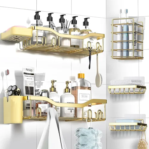Vista 30 de NESOMI Organizador de Ducha Adhesivo Juego de 7 Piezas, Estantes de Baño de Acero Inoxidable a Prueba de Óxido, Accesorios de Almacenamiento sin