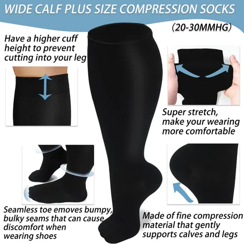 Vista 3 de SIOAUIRT Calcetines de compresión de talla grande para mujeres y hombres de 20 a 30 mmHg, medias de pantorrilla ancha, el mejor apoyo