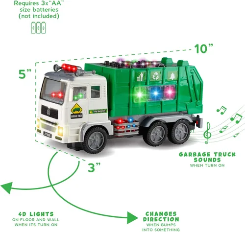Vista 3 de Zetz Brands Juguete de camión de basura con luces 4D y sonidos para niños, bebés, niños de 3 años en adelante - Vehículo de camiones de basura