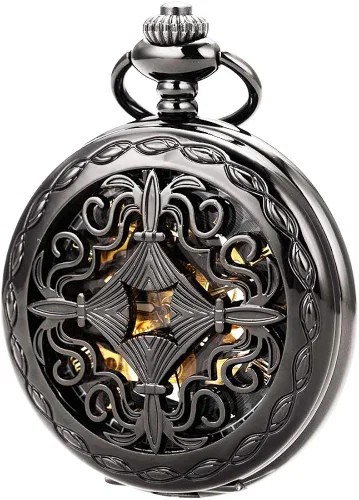 Vista 5 de ManChDa Reloj de bolsillo mecánico vintage negro con cadena para hombres + caja
