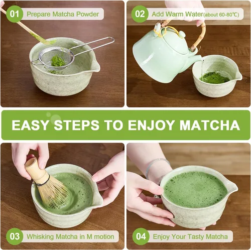 Vista 3 de Juego de 5 batidores de matcha, cuenco de matcha con boquilla, batidor de bambú 100% (Chasen), soporte, tamiz inoxidable, cuchara de té, kit