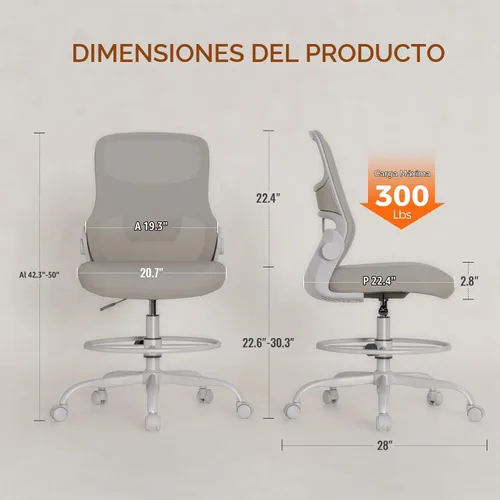 Vista 2 de Silla de dibujo sin brazos, silla de oficina alta con anillo ajustable para el pie y soporte lumbar, silla de escritorio alta de malla ergonómica