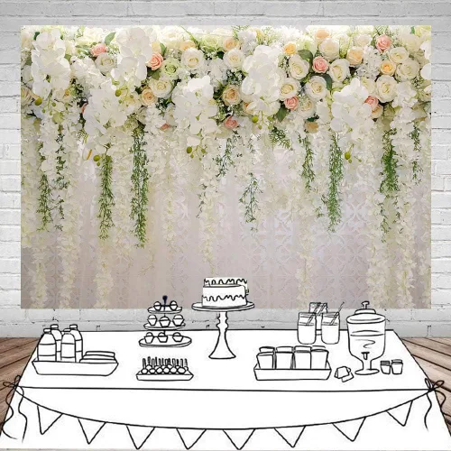 Vista 2 de Mocsicka Telón de fondo de pared de flores de boda para sesión de fotos, decoración de boda para recepción, pancarta de fondo floral de rosa blanca