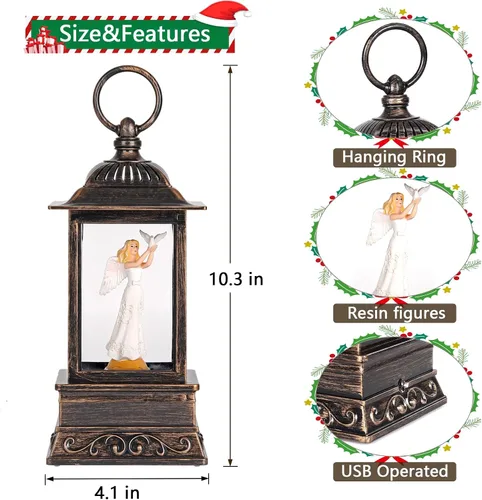 Vista 3 de Decoración de globo de nieve de Navidad, linterna de ángel con purpurina musical con temporizador de 6 horas, decoración iluminada alimentada por