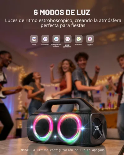 Vista 3 de Altavoz Bluetooth impermeable IP67: 80 W (pico), altavoces inalámbricos portátiles para exteriores con luces LED, tiempo de reproducción de 20