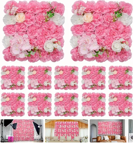 Vista 13 de Telón de fondo de pared de flores, 12 piezas de 16.5 x 16.5 pulgadas, panel de pared floral de rosa de seda artificial, decoración de pared ideal