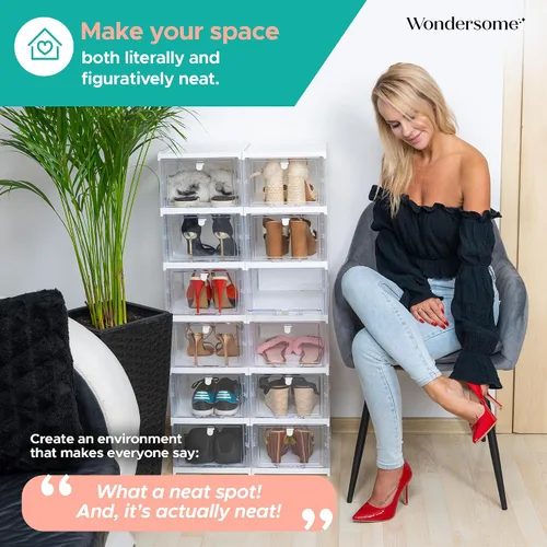 Vista 5 de Wondersome Organizador plegable para zapatos, 12 compartimentos, contenedores de almacenamiento de puertas transparentes, zapatos plegables, botas