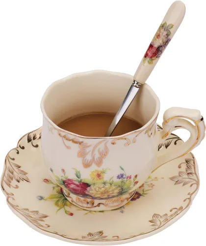 Vista 2 de Foraineam Juego de 2 tazas de té y platillo, 8 oz. Arbustos florecientes de cerámica marfil Taza de té de porcelana floral elegante juego de taza