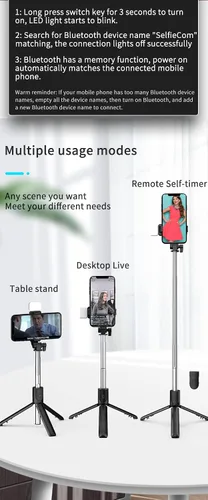 Vista 6 de Trípode selfie stick con luz de relleno, 40 pulgadas extensible y portátil estable trípode para selfie stick con control remoto inalámbrico Negro