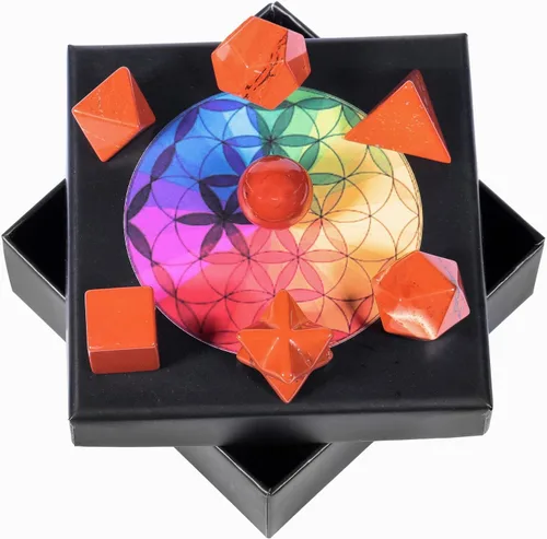 Vista 5 de mookaitedecor Juego de geometría sagrada de 7 chakras de cristal platónico, piedras pulidas pulidas con estrella Merkaba para curación y meditación