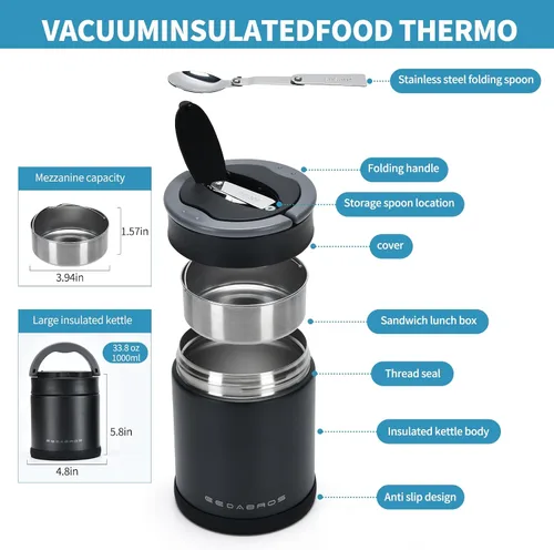 Vista 3 de Termo para comida caliente 33.8 OZ, frasco de comida aislado al vacío para adultos, termo de sopa de acero inoxidable de boca ancha a prueba