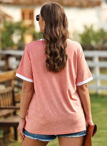 Vista 26 de Eytino Blusas de talla grande para mujer, cuello en V, manga corta, a rayas, casual, holgada, con bolsillo (1X-5X)