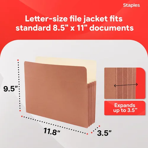 Vista 3 de Staples Bolsillos reforzados para archivos, tamaño carta, expansión de 3.5 pulgadas, archivos de acordeón marrón resistentes para organización