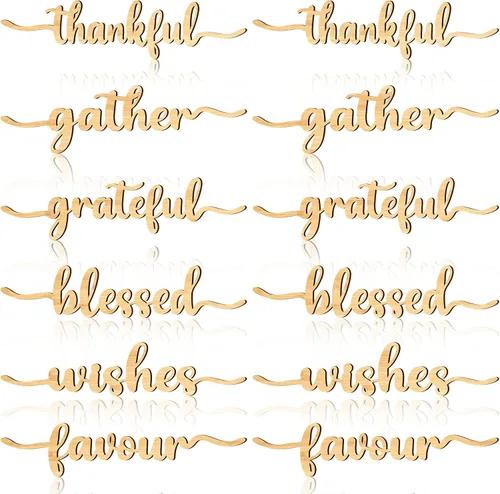 Vista 8 de 12 piezas de letreros de madera con palabras navideñas recortadas "Joyful Merry Thankful Grateful Blessed Peace Gather" para decoración de plato