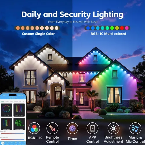 Vista 5 de Luces Permanentes para Exterior, 15 metros RGB + IC Luces LED Inteligentes para Aleros con Aplicación y Control Remoto, IP67 Impermeables