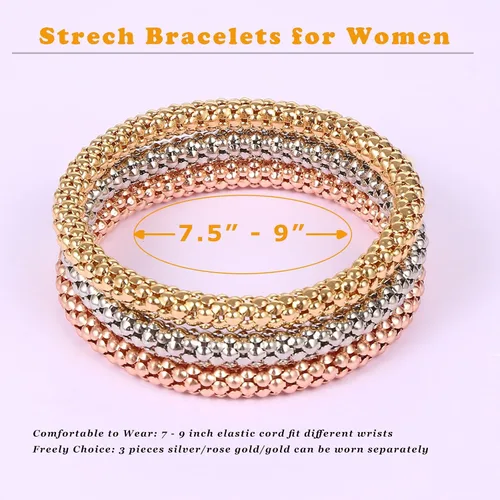 Vista 5 de Stretch Bracelets for Women GoldSilverRose Gold Elastic Bracelet Set for Women 3 PCS Stackable Bracelets Multilayer Charm Bracelet Valentines Day