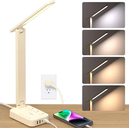 Vista 14 de Addtam Lámpara LED de escritorio, tira de alimentación con 3 tomas, 4 puertos de carga USB (2 USBC), 4 modos, lámpara táctil de 5 niveles de brillo