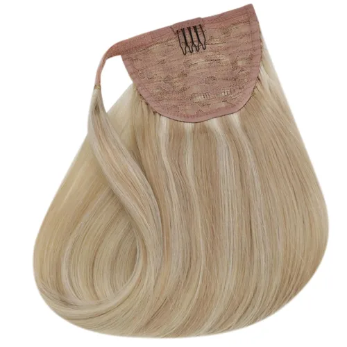 Vista 9 de Easyouth Extensión de cabello humano rubio con cola de caballo, extensiones de cabello humano rubio dorado con reflejos rubios, extensiones