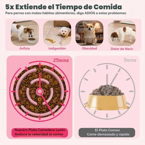 Vista 5 de Cuenco elevado para perros de alimentación lenta – Plato de comida de cerámica con soporte de bambú – Diseño de laberinto elevado – Ideal para Rosa