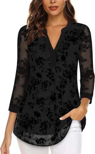 Vista 10 de Timeson - Blusas de manga de 3/4 para mujer, estilo casual, con cuello en V, camisas largas de vestir de doble capa, de malla Negro