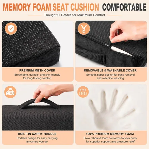 Vista 4 de Cojín de asiento de espuma viscoelástica extra grande con asa de transporte, cojín ergonómico para silla de oficina para alivio del coxis y dolor