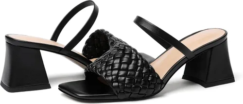 Vista 4 de Eldof Sandalias trenzadas cuadradas para mujer, puntera abierta, sin cordones, tacón de bloque, pantuflas tejidas de dos correas de tacón grueso