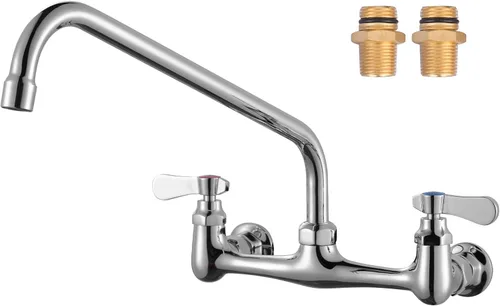 Vista 11 de Grifo de fregadero comercial con boquilla giratoria de cuello de cisne de 6 pulgadas, grifo de cocina de montaje en pared central de 8 pulgadas